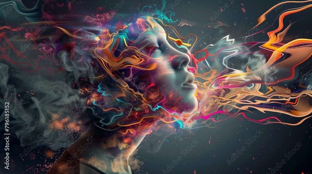 Mindstream: Abstract Visualization of Thoughts Coming Out Up of Head