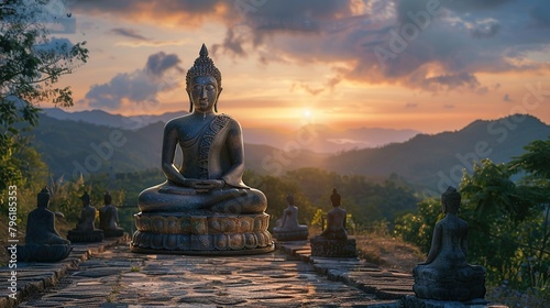 Buddha statue at sunrise  with mountains in the background.