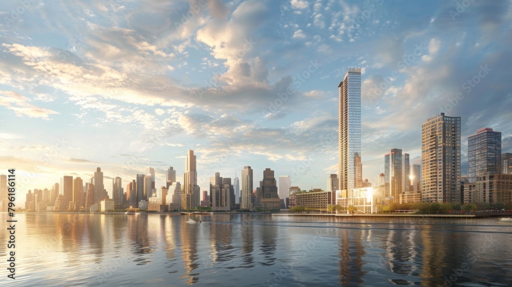 A riverside skyline punctuated by a towering high-rise, depicting the dynamic energy of a thriving city against the calm flow of the water.