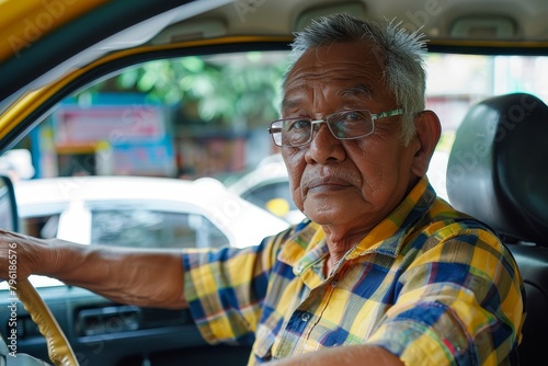 A handsome old malay man wearing glasses and checkered shirt is sitting in the driver's seat of his yellow taxi, looking directly at camera with an interesting expression on her face.