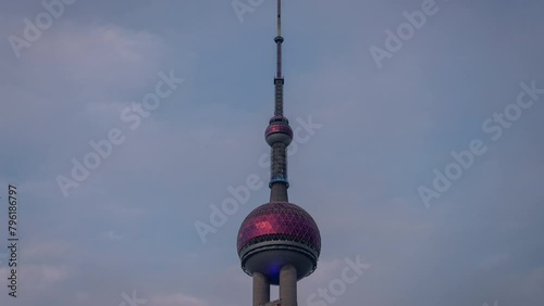 Time lapse clip of the Oriental Pearl TV Tower in Pudong District in Shanghai, China seen at night