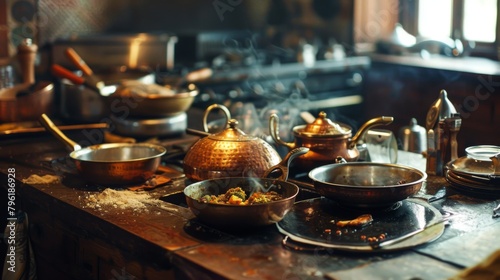 A rustic kitchen scene with copper pots bubbling with fragrant Indian dishes photo