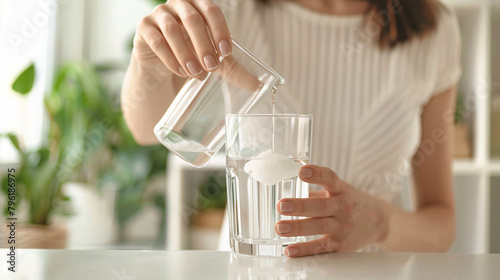 Adding collagen powder in a glass