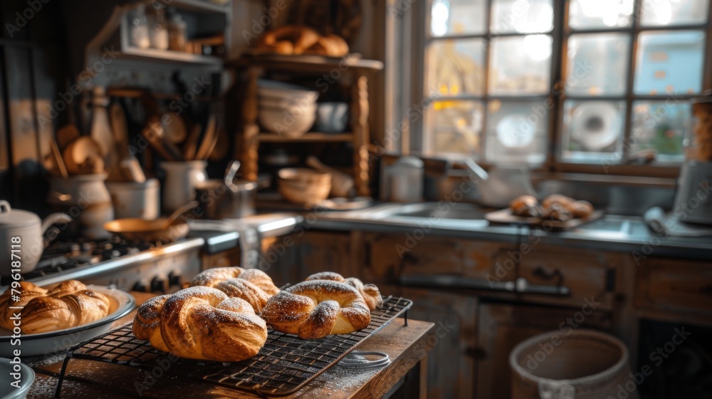 A rustic kitchen scene with freshly baked pastries cooling on a wire rack, filling the air with sweetness