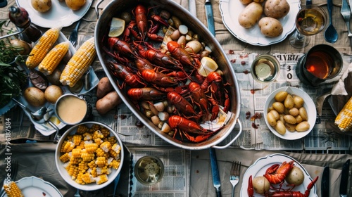 A rustic seafood boil spread on a newspaper-covered table, featuring crawfish, corn on the cob, and potatoes - photo