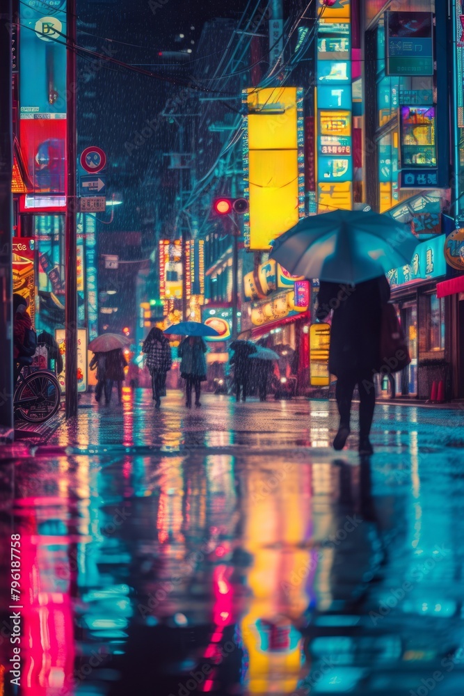 Future scene of cyberpunk style city. Pink and purple lights from billboards on buildings. Future scene of cyberpunk style city. Pink and purple lights from billboards on buildings.