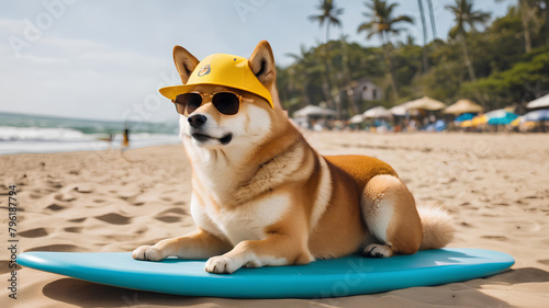 A Shiba dog wearing sunglasses and a stylish hat sits on a stylish yellow surfboard. beach background which indicates a good mood © Oatkhaphon