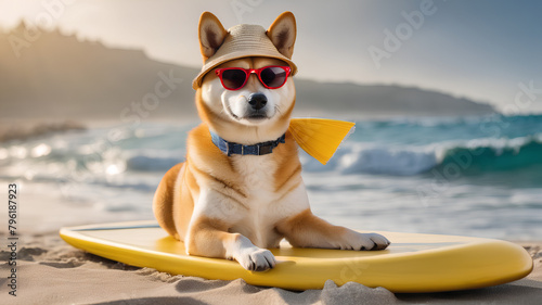 A Shiba dog wearing sunglasses and a stylish hat sits on a stylish yellow surfboard. beach background which indicates a good mood © Oatkhaphon