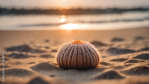 sea urchin shell outdoors on the beach while considering the sweltering heat which is the symbol of creative block Blurred background shows the greenhouse effect. which indicates summer photo