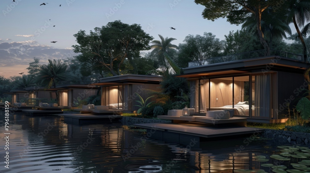 With no distractions or city noises sleep comes easily in the floating bungalows allowing guests to truly recharge and awaken feeling refreshed and connected to nature. 2d flat cartoon.