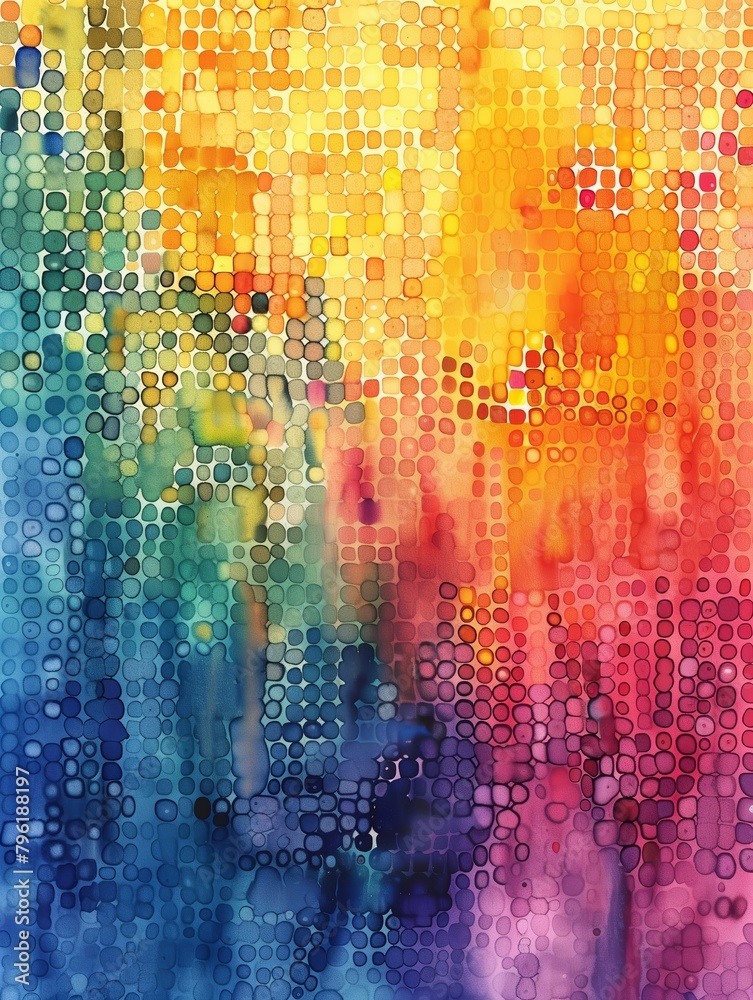 Watercolor painting, rainbow colors, dot pattern, texture background