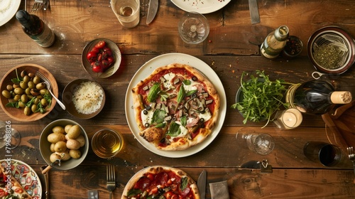 A rustic wooden table adorned with freshly baked pizza, topped with colorful ingredients