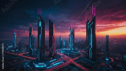 A futuristic cityscape illuminated by neon lights, showcasing advanced AI-powered technologies such as self-driving cars, smart infrastructure, and automated drones. Generated AI.