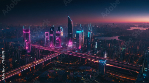 A futuristic cityscape illuminated by neon lights, showcasing advanced AI-powered technologies such as self-driving cars, smart infrastructure, and automated drones2. Generated AI. photo