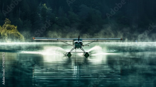 A seaplane gracefully touching down on the surface of a tranquil lake, its water skis creating ripples as it glides to a gentle stop, blending adventure with serenity.