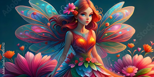 A beautiful fairy like girl in a colorful frock emerging from colorful flowers