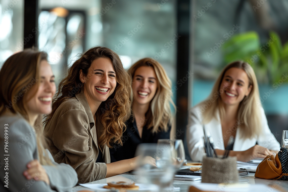 Diverse group of business people smiling while having a meeting in the lounge Diverse group of business people smiling while having a meeting in the lounge