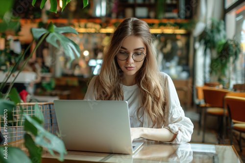 Business woman sitting at table using her laptop computer at home office. Young Asian woman freelancer surfing the internet, online working from home