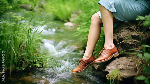 Close-up of a female traveler wearing shoes, walking and relaxing in a natural environment.