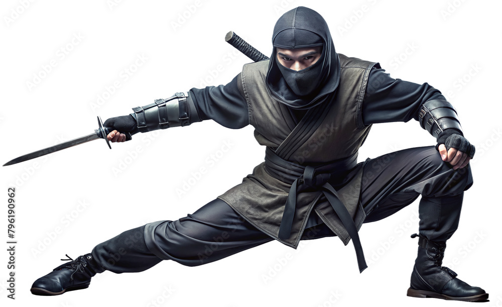 ninja warrior armed and masked with swords in fighting stance ninja warrior armed and masked with swords in fighting stance