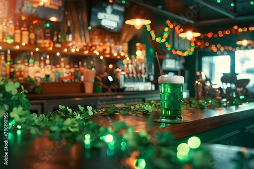 St Patricks Day beer bar counter with festive decorations and copy space. Concept St Patricks Day, Beer Bar, Festive Decorations, Copy Space, Celebration