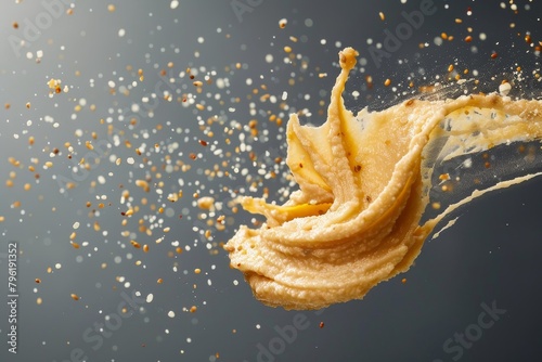 Food photography of hummus, flying with seeds and sprinkles on a grey background