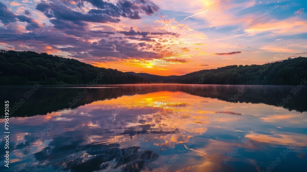 A serene lake reflecting the vibrant colors of sunrise, mirroring the beauty of the sky above