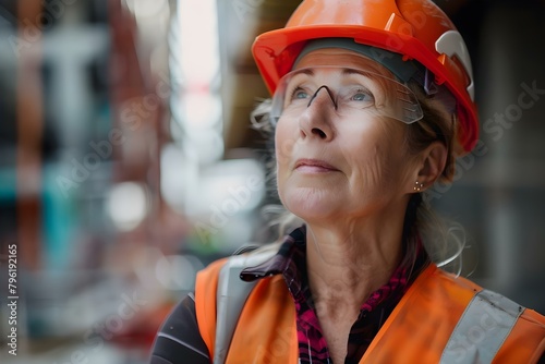 Middleaged woman in hard hat and work vest smirking on construction site. Concept Construction worker, Hard hat, Work vest, Smirking, Middle-aged woman photo