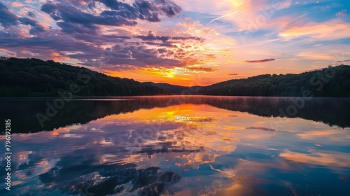 A serene lake reflecting the vibrant colors of sunrise  mirroring the beauty of the sky above