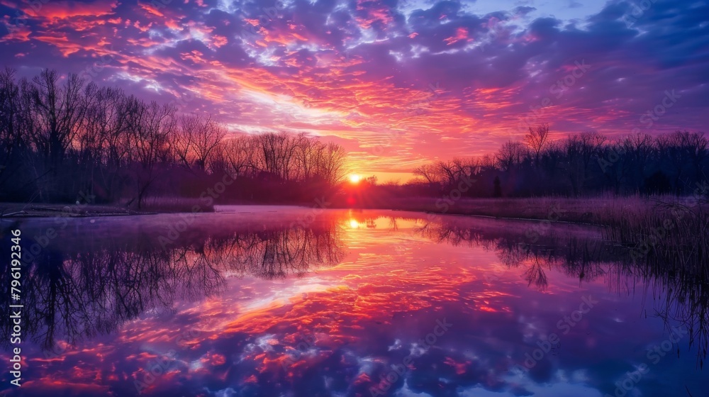 A serene lake reflecting the vibrant colors of sunrise, mirroring the beauty of the sky above