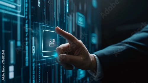 The idea of a document management system, Online file management and search for document databases. A businessman touches the file folder icon on virtual screen for online documentation database.