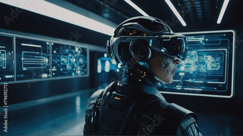 An imaginative portrayal of futuristic technology concepts, featuring AI-enhanced virtual reality environments, augmented intelligence interfaces, and immersive digital experiences2. Generated AI.