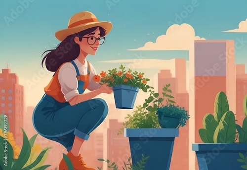 Woman watering plants in rooftop garden. Cartoon illustration of female character taking care of flowers, terrace on top of modern skyscraper, sunny cityscape background