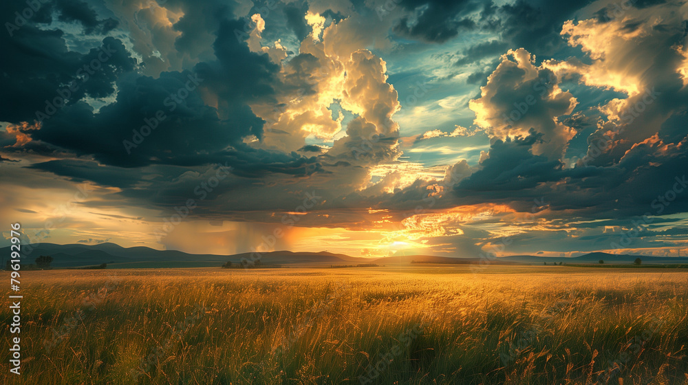 Dramatic sky over golden wheat field at sunset with rain in the distance.	