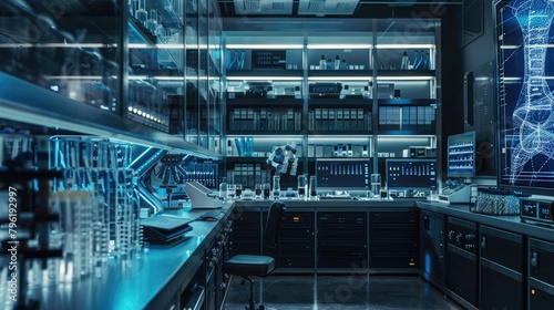 A detailed image of a statistical research lab with advanced equipment for data collection and analysis. photo