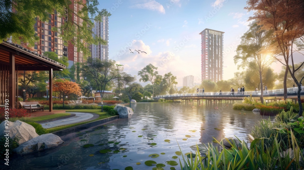 A serene riverside scene with a towering high-rise in the background, capturing the essence of urban tranquility and natural beauty. A serene riverside scene with a towering high-rise in the background, capturing the essence of urban tranquility and natural beauty.