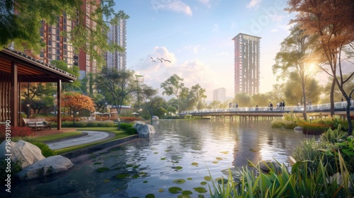 A serene riverside scene with a towering high-rise in the background, capturing the essence of urban tranquility and natural beauty.