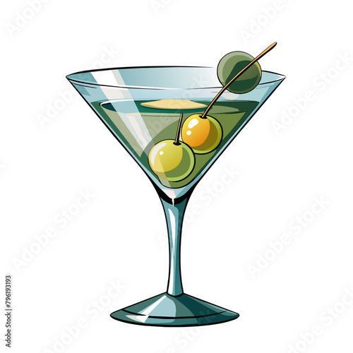 Green alcohol cocktail with green lime isolated on white, vector illustration