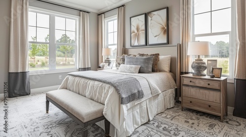 Embrace a restful nights sleep in this carefully crafted sleep haven featuring plush bedding and a serene subdued color scheme. 2d flat cartoon. photo