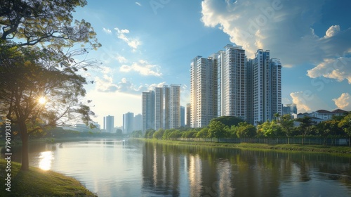 A serene riverside scene with a towering high-rise in the background  capturing the essence of urban tranquility and natural beauty.