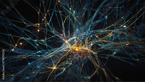 A dynamic visualization of a neural network in motion  with nodes pulsating and connections lighting up to illustrate the process of learning and decision-making within the system. Generated AI.