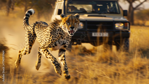 guépard sauvage poursuivi par un 4x4 lors d'un safari photo photo