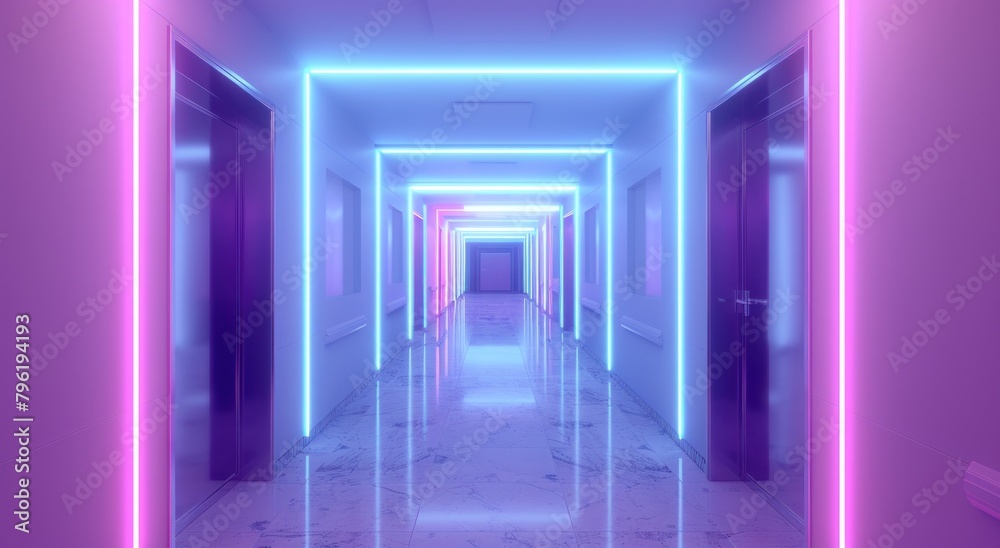 3d rendering of a corridor room with futuristic purple neon light. 3d rendering of a corridor room with futuristic purple neon light.