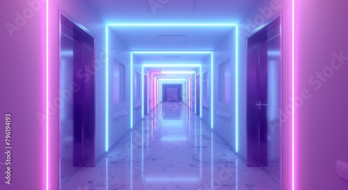 3d rendering of a corridor room with futuristic purple neon light.