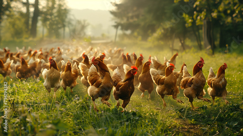 Chickens freely running in the field photo