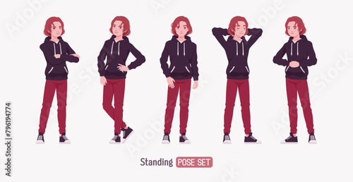 Young hoodie wear guy stand, wait pose set. Cute active man wearing basic casual look red jeans, male street style everyday sneakers, cool long hairstyle of ruby wine dye color. Vector illustration