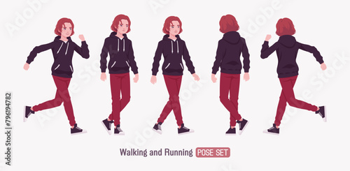Young hoodie wear guy run, walking pose set. Cute active man wearing basic casual look red jeans, male street style everyday sneakers, cool long hairstyle of ruby wine dye color. Vector illustration