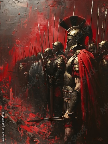 Oil painting 300 Spartan Warriors Holding a spears  swords  and shields