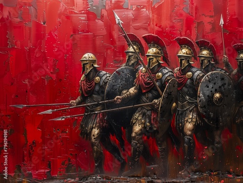 Oil painting 300 Spartan Warriors Holding a spears, swords, and shields
