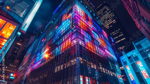 A skyscraper facade adorned with illuminated signage and dynamic lighting effects, capturing the attention of passersby and adding vibrancy to the city streets. photo